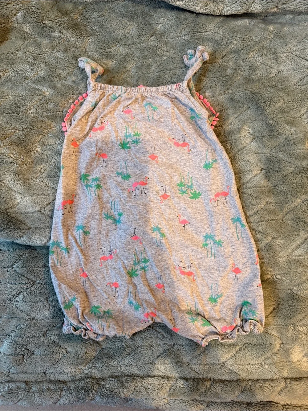 Carter's Gray Tank Romper with Pink Flamingo & Green Palm Print
